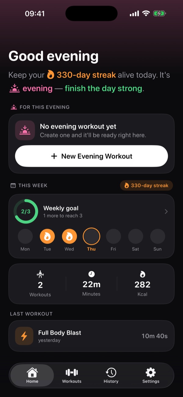 Hova home screen showing a workout streak