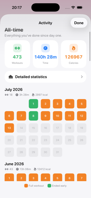Monthly activity calendar filled with completed workouts