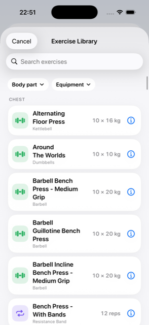 The Hova exercise library with hundreds of exercises